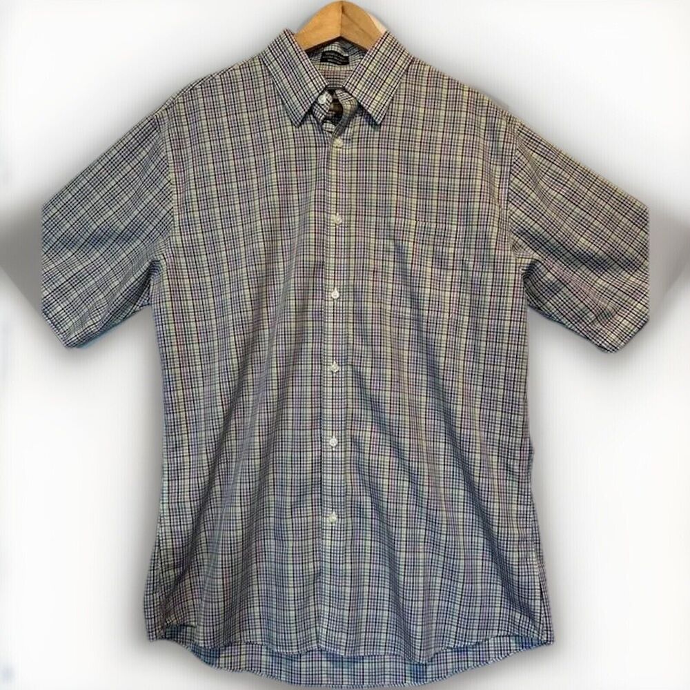 Neiman Marcus Mens Large Plaid Trim Fit Button Up Shirt‎ Multicolor Plaid SS